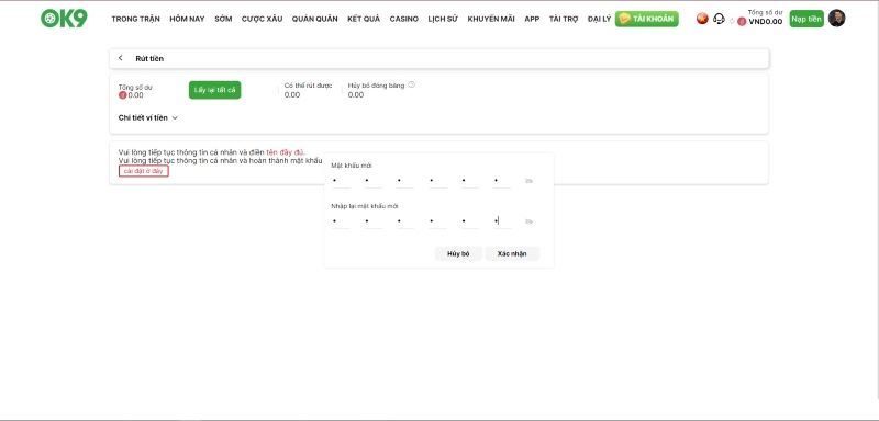 Hướng Dẫn Rút Tiền OK9 An Toàn Nhanh Chóng Nhất 2 Cài mật khẩu rút tiền